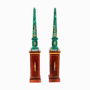 Antique Monumental Ormolu Mounted Malachite Obelisks on Stands, 1920s, Set of 4