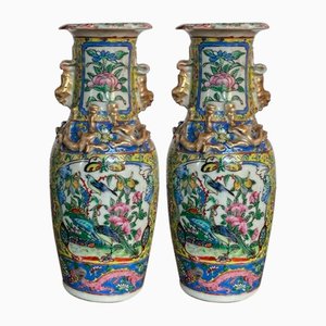 Canton Vases with Golden Applications, Floral and Butterfly Decoration, Late 19th Century, Set of 2