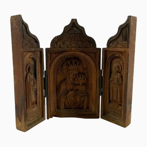 Triptychon aus geschnitztem Holz mit Madonna, Kind und Aposteln, 19. Jh.