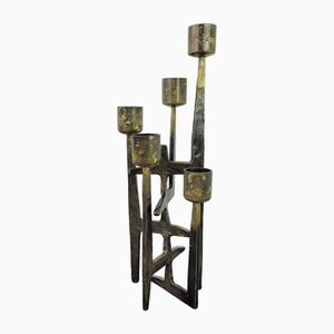 Modernist Brutalist Sculptural Candle Holder in Bronzed and Painted Wrought Iron, 1950s