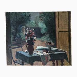 Georges Darel, Table fleurie et vue sur jardin, Öl auf Leinwand