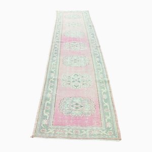 Long Pale Pink & Green Wool Runner Rug