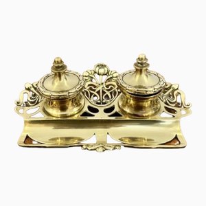 Antique Victorian Ornate Brass Inkwell, 1880s