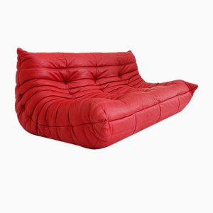 Togo Three Seater Sofa in Red Leather by Michel Ducaroy for Ligne Roset, 2010s