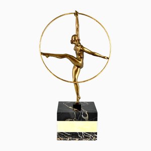 Georges Duvernet, Danseuse au Cerceau Art Déco, 1930, Bronze & Marbre Onyx