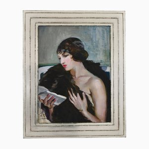 Alfredo Luxoro, Art Deco Dame mit Buch, 1910, Öl auf Leinwand