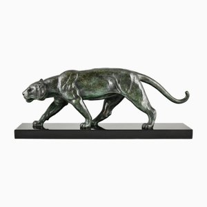 Alexandre Ouline, Art Deco Bronze Panther Sculpture, 1930, Bronze & Marble