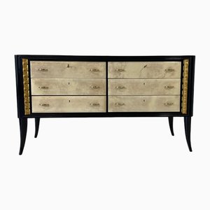Art Deco Italian Sideboard in Black Lacquer and Gold Leaf Dresser, 1940s