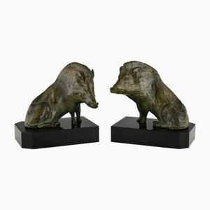 Art Deco Bronze Bookends Wild Boar by Louis Riche, 1930s, Set of 2