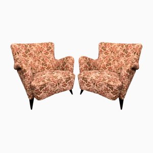Armchairs with Legs in Wood and Floral Fabric, Italy, 1950s, Set of 2