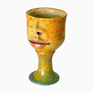 French Raku Chalice in Cracked Ceramic 1960 France Yellow Color