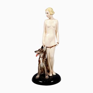 Art Deco Woman with Shepherd Dog Figurine by Lorenzl and Postl, Ca 1935, 1930s