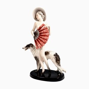 Figura de mujer vintage con abanico de Lorenzl para Hat & Barzoi, años 30