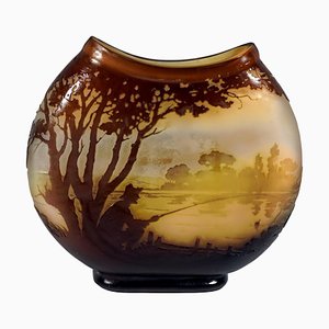 Large Round Art Nouveau Style Gall Cameo Vase with Seascape Decor from Emile Gallé, France, 1905
