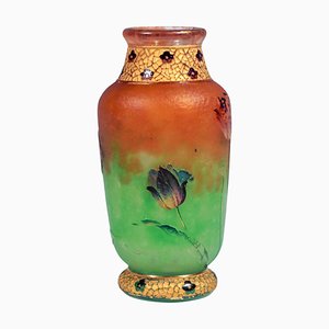 Jugendstil Cameo Vase mit Tulpendekor & Vergoldung von Daum Nancy, Frankreich, 1890er
