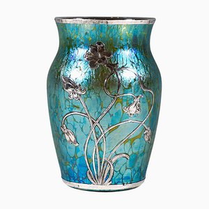 Art Nouveau Chalk Papillon Vase with Silver Plating from Loetz Glass, Bohemia, 1898