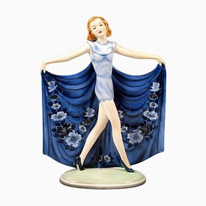 Art Deco Revue Disco Dancer in Blue Dress by Josef Lorenzl for Goldscheider Manufactory of Vienna, 1935s
