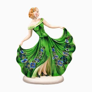 Bailarina Lydia Art Déco con vestido verde de Claire Weiss para Goldscheider Manufactory of Vienna, década de 1937