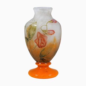 Art Nouveau Cameo Glass Vase with Sweet Pea Decor from Daum Nancy, France, 1910s