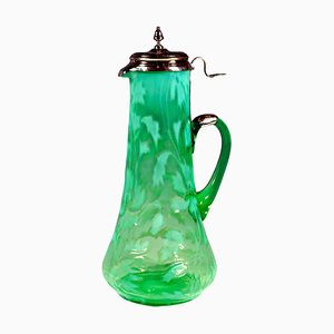 Art Nouveau Carafe in Green Glass with Opaline & Silver Fittings, Porto, 1900s