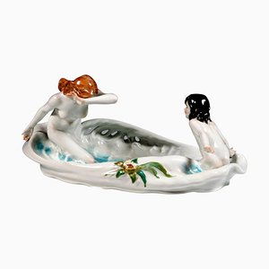 Art Nouveau Bowl with Nymph and Girl by P. Helmig for Meissen Porcelain, Germany, 1910s