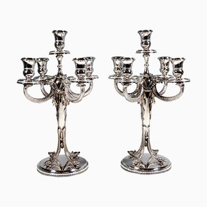 5-Flame Silver Candelabras with Dolphin Arms, Belgium, 1950s, Set of 2