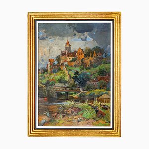 Eduard Zetsche, Town in Swabia, 1910, Large Oil on Canvas, Framed