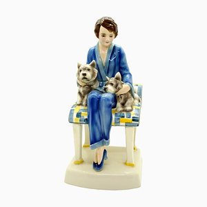 Dama seduta con due cani in ceramica di Josef Lorenzl di Goldscheider, anni '30