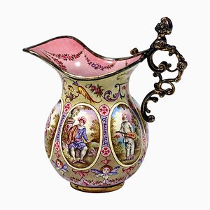 Small 19th Century Viennese Enamel Jug with Watteau and Arabesque Painting