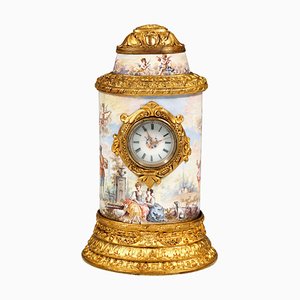 19th Century Viennese Enamel Table Clock with Fire-Gilding and Watteau Painting