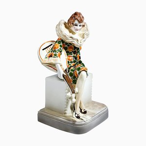 Art Deco Seated Pierrette Figurine with Lute by W. Thomasch for Goldscheider, 1920s