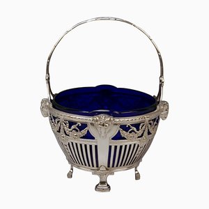 Art Nouveau Silver Basket with Blue Glass Liner, Bremen, Germany, 1890s
