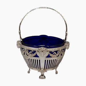 Cesta modernista de plata con revestimiento de vidrio azul, Bremen, Alemania, década de 1890