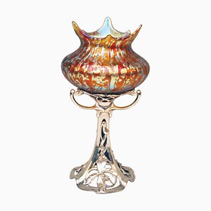 Silver Plated Amber Papillon Iridescent Vase with Pewter Mounting from Loetz, 1890s