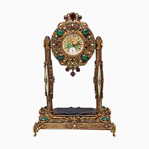 Viennese Enamel and Silver Table Clock with Onyx and Semiprecious Stones