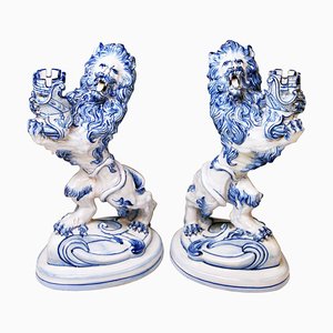 Faience Walking & Roaring Lions by Galle Nancy St. Clement, 1892, Set of 2