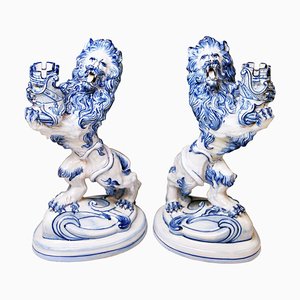Faience Walking & Roaring Lions di Galle Nancy St. Clement, 1892, set di 2