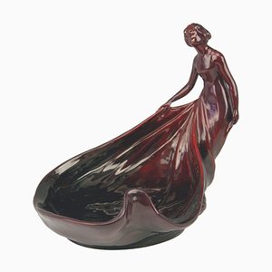 Jugendstil Eosin Schale mit Lady Figur von Zsolnay, 1900-1902