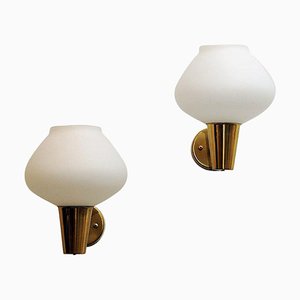 Swedish Brass and Opaline Glass Wall Lamp by Asea, 1950s, Set of 2