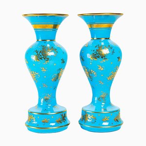 Turquoise Opaline Vases in Enameled Gold, Set of 2