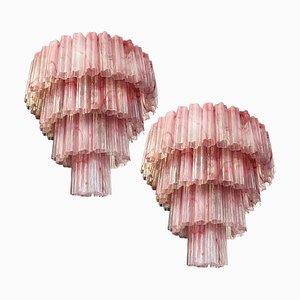 Vintage Murano Glass Tiered Chandeliers with 78 Alabaster Pink Glasses, 1990s, Set of 2