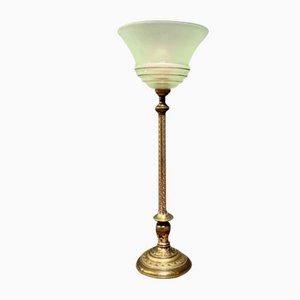 Lámpara de mesa de latón con campana de vidrio verde menta