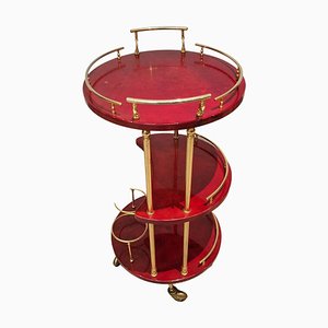 Italian Red Parchment Round Serving Trolley with Brass Details attributed to Aldo Tura, 1970s