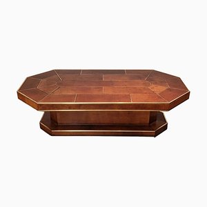 Large French Leather Brown Coffee Table with Brass Details, 1975