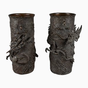 19th Century Chinese Roller Vases in Chocolate Patina Bronze with Dragons, Set of 2