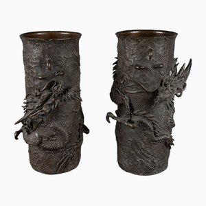 Vases Rouleaux en Bronze Patiné Chocolat avec Dragons, Chine, 19ème Siècle, Set de 2
