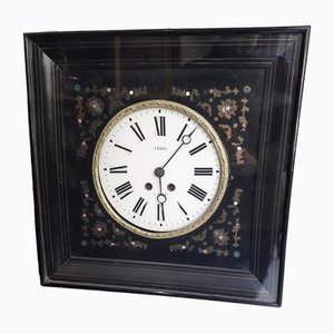 French Napoleon III Wall Clock in Ebony Inlaid with Brass and Colored Lacquer by Leroy a Paris