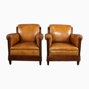 Vintage Art Deco Armchairs in Sheep Leather, Set of 2