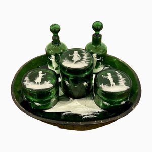 Victorian Green Dressing Table Set by Mary Gregory, 1860s, Set of 6