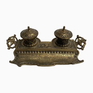 AntiqueFrench Cast Brass Double Inkwell, 1900s